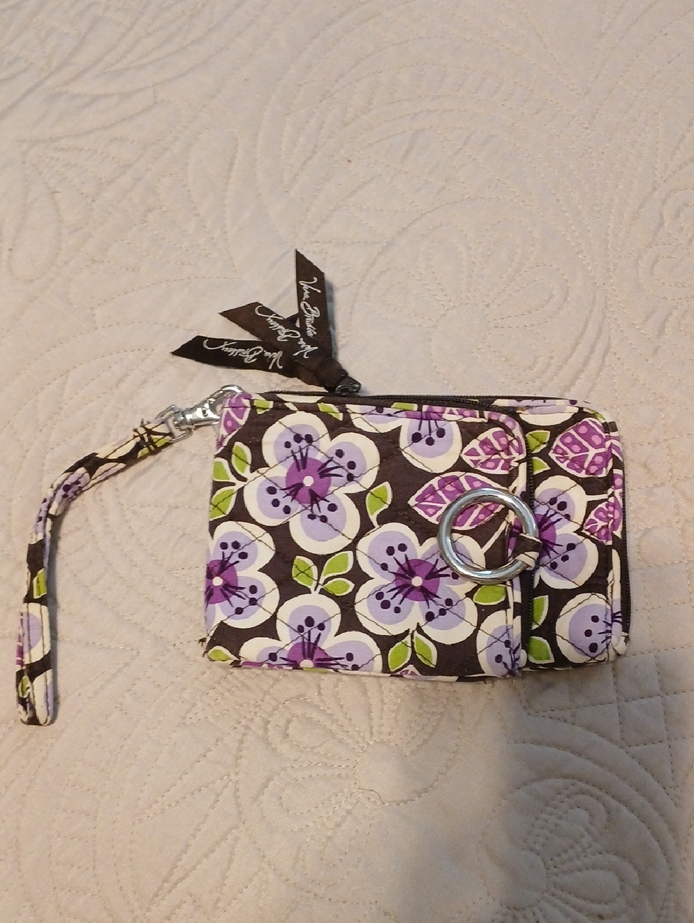 Vera Bradley Brown Floral Wristlet Wallet with Purple & Green Accents